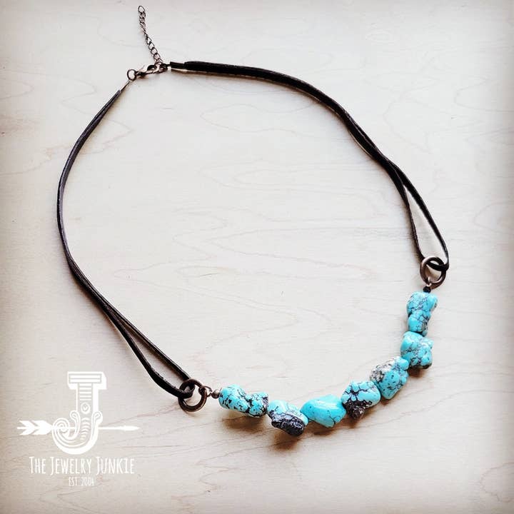 The Jewelry Junkie – Großhandel Perlenkette – Echte blaue Türkis-Halskette mit Lederband 259i