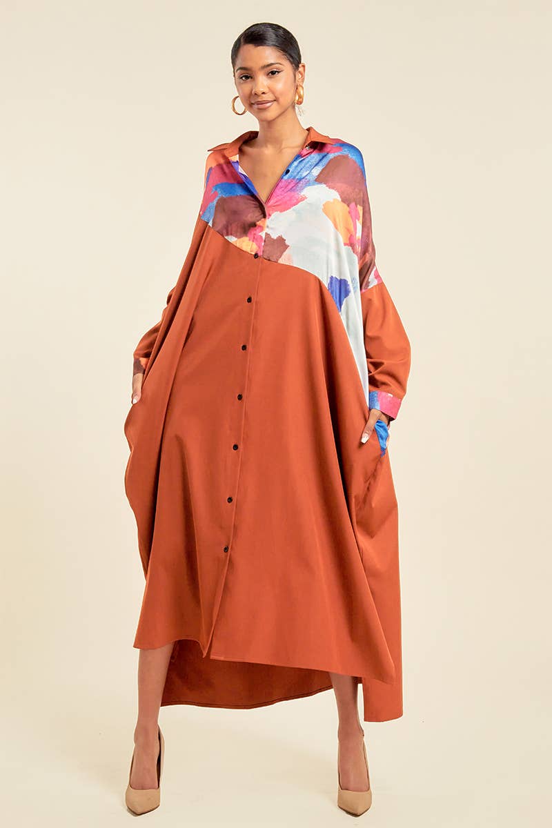 QMP Moda – wholesale Dress – Women's – PLUS - PATTERN BLOCKED SHIRT DRESS WITH POCKETS3