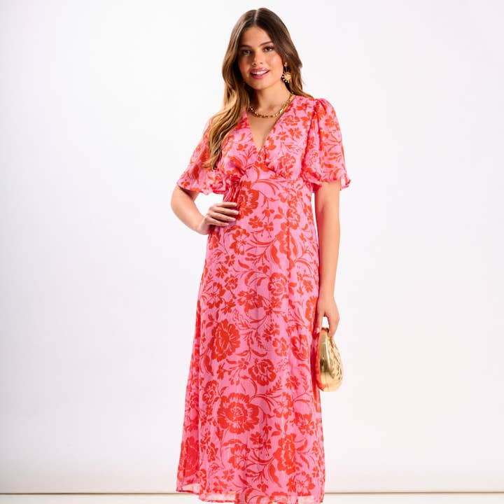 Rosa Blumen-Chiffon-Midikleid mit Flatterärmeln für den Großhandel von Needs No Label