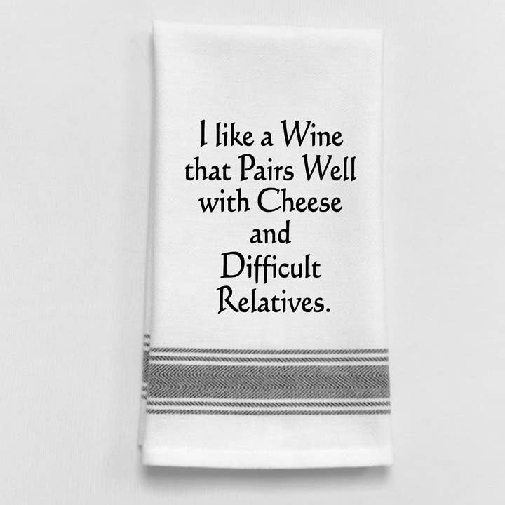 BB-I-318 White Kitchen Towel "I like a wine that pairs..." for wholesale by Wild Hare Designs