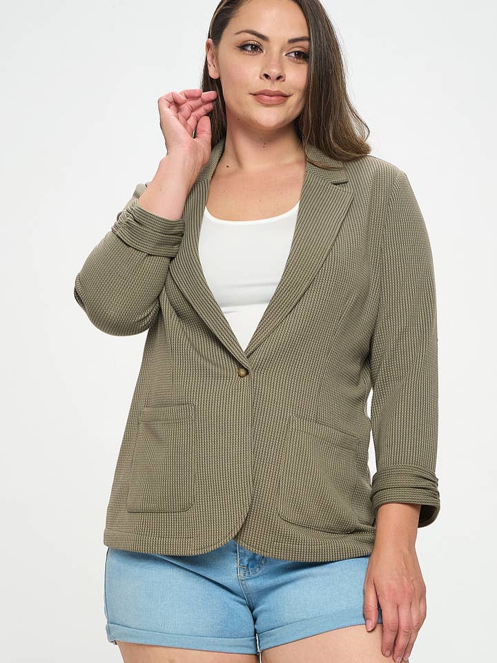 Shirred Sleeve Textured Blazer - 10150JPL for wholesale by Doe and Rae
