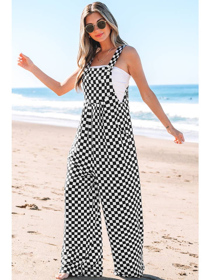 Black Checker Pocketed Wide Leg Jumpsuit for wholesale on Faire