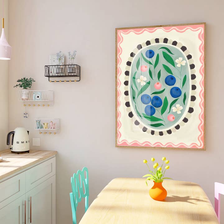 Kate Fox Design - Wholesale Art Print - Blueberry with border, Art print, Kitchen art, Â colourful