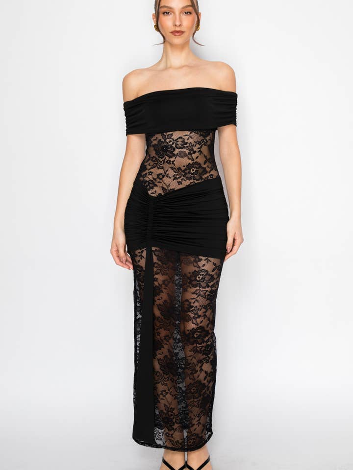 Sheer Panel Off Shoulder Lace Maxi Dress for wholesale by Nabae Clothing