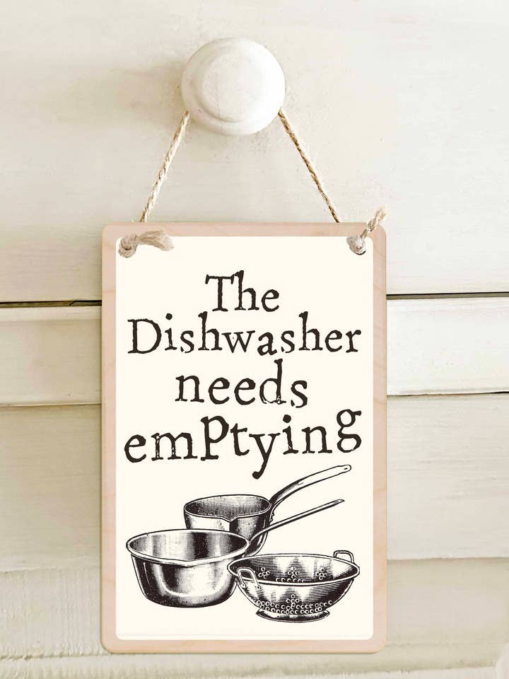 Dishwasher Loading / Emptying - Double-sided wooden sign for wholesale by THE WOODEN POSTCARD COMPANY