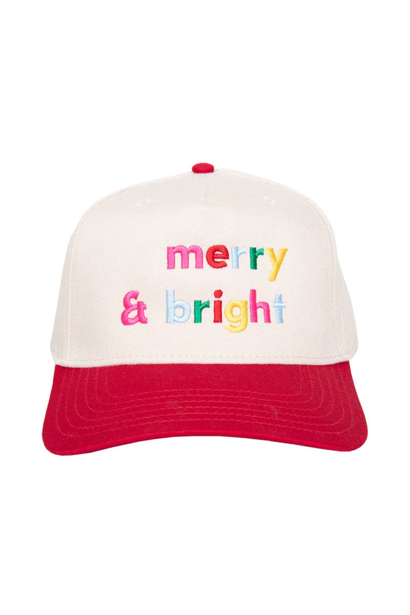 Red and Tan Merry & Bright (Multi) Vintage Christmas Trucker Hat for wholesale on Faire2