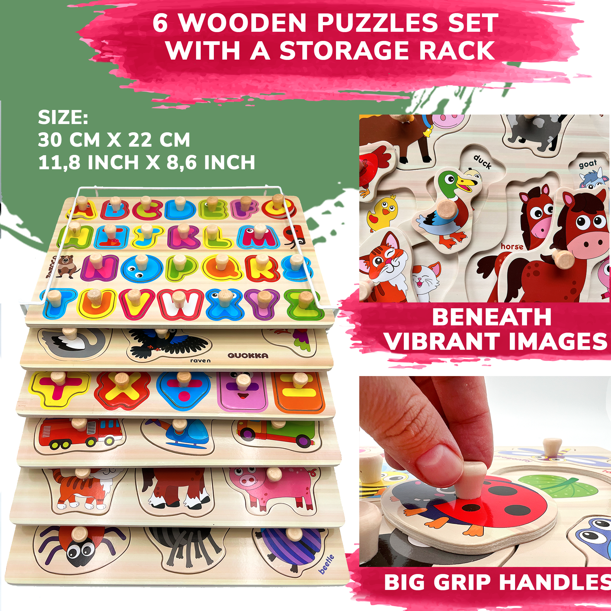 QUOKKA - Wholesale Puzzle - Kids - Learning Wooden Puzzles for Toddlers on a Rack | set of 61