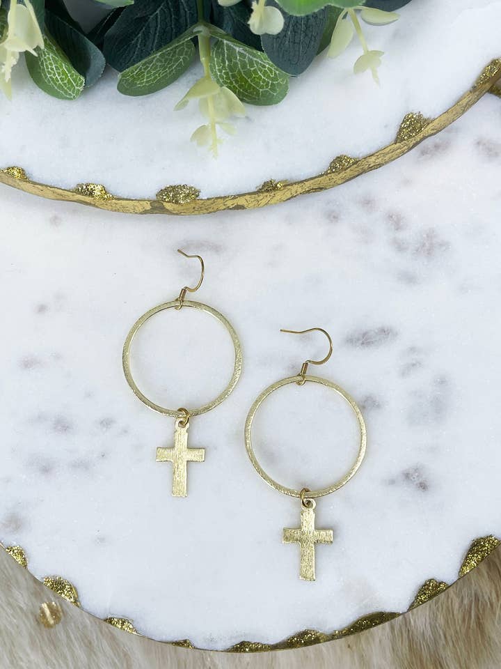 Brushed Gold Cross Hoop Earrings for wholesale by Magnolia & Peach Jewelry Boutique, LLC