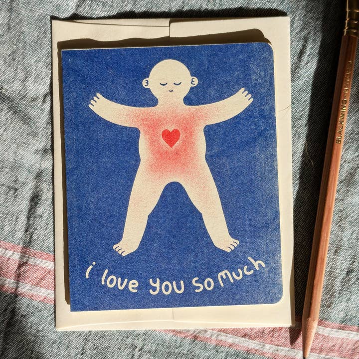 Ik hou zoveel van je kaart — Blauwe en rode risoprint voor wholesale door The Mook Press