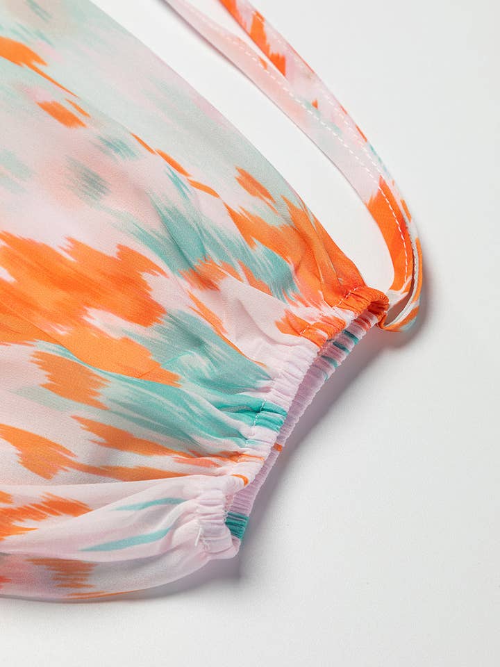 Multicolor Abstract Print Split Neck Puff Sleeve Blouse for wholesale on Faire