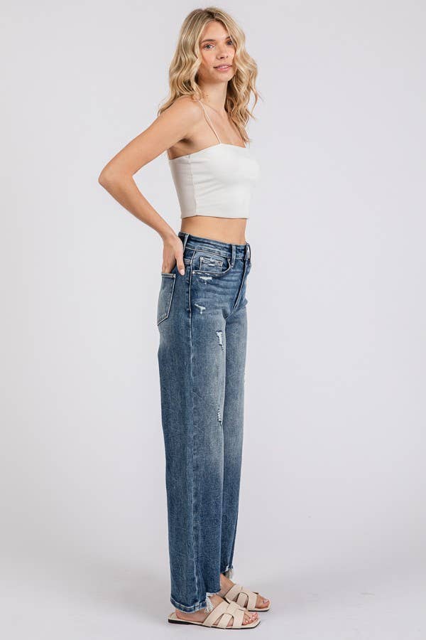 Petra153 - Wholesale Jeans - Women's - P1387W-DM HIGH RISE STRETCH SLIM WIDE LEG W/ DESTROYED HEM5