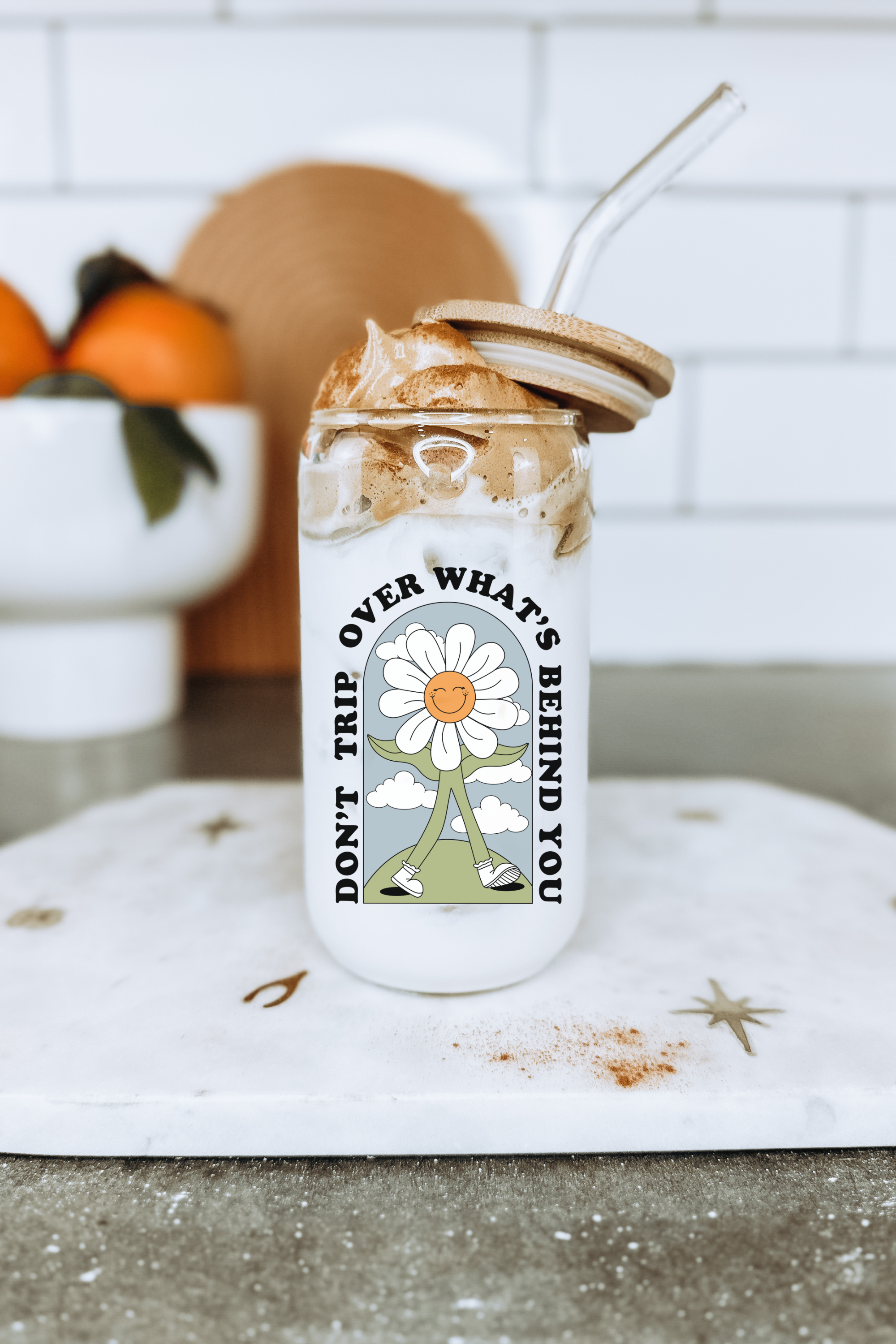 Boho + Babe - Wholesale Drinking Glass/Cup - Don't Trip 16 oz Glass Cup with Bamboo Lid1