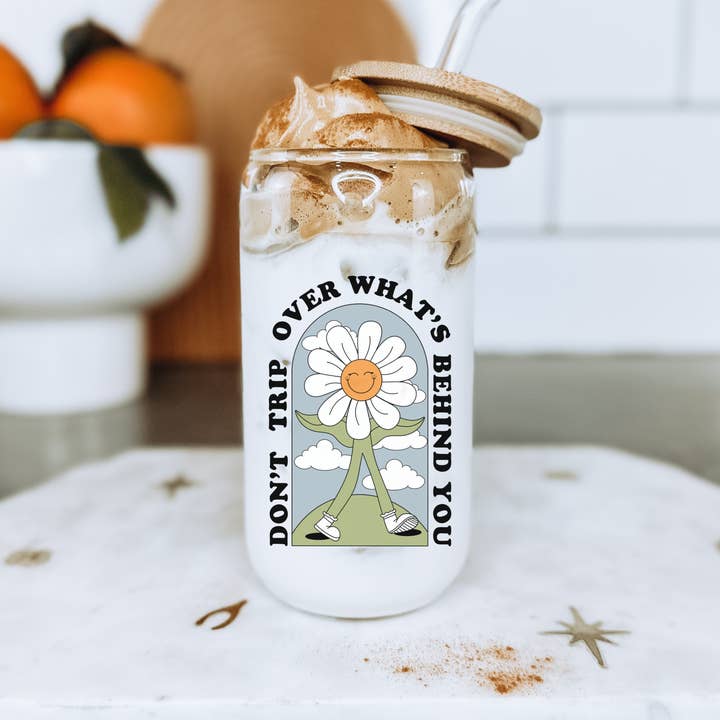 Boho + Babe - Wholesale Drinking Glass/Cup - Don't Trip 16 oz Glass Cup with Bamboo Lid1