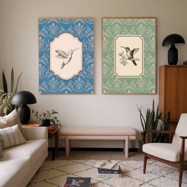 Ensemble de deux impressions artistiques style vintage oiseau pour la vente par Kumo Art Prints