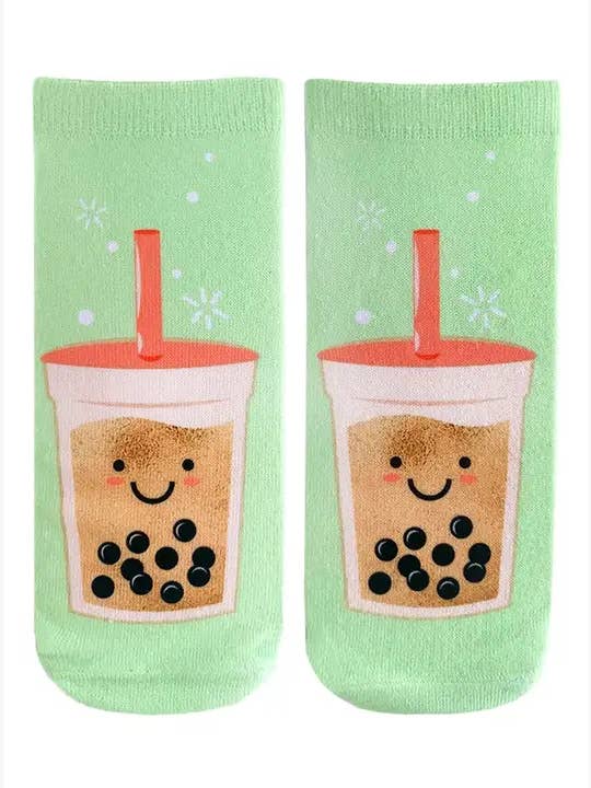 Novelty Graphic Ankle Socks - Smiling Boba Tea - Green for wholesale by Living Royal
