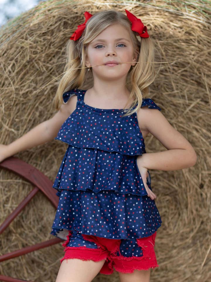 Navy Star Spangled Diva Patched Denim Short Set for wholesale on Faire4