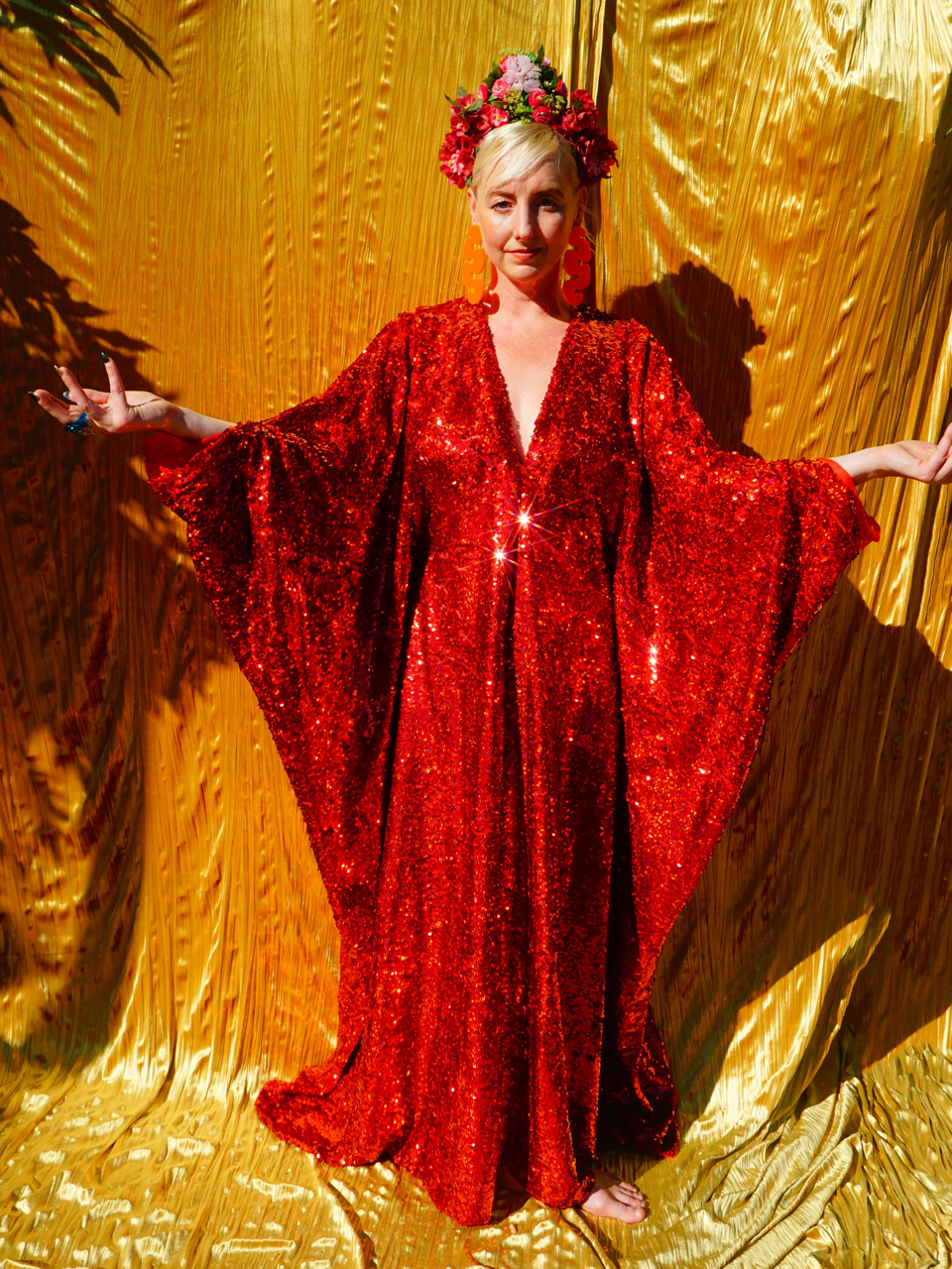 Fumbalinas – wholesale Kaftan – Women's – Red Holographic Sequin Maxi Kaftan Gown / Kimono Robe2