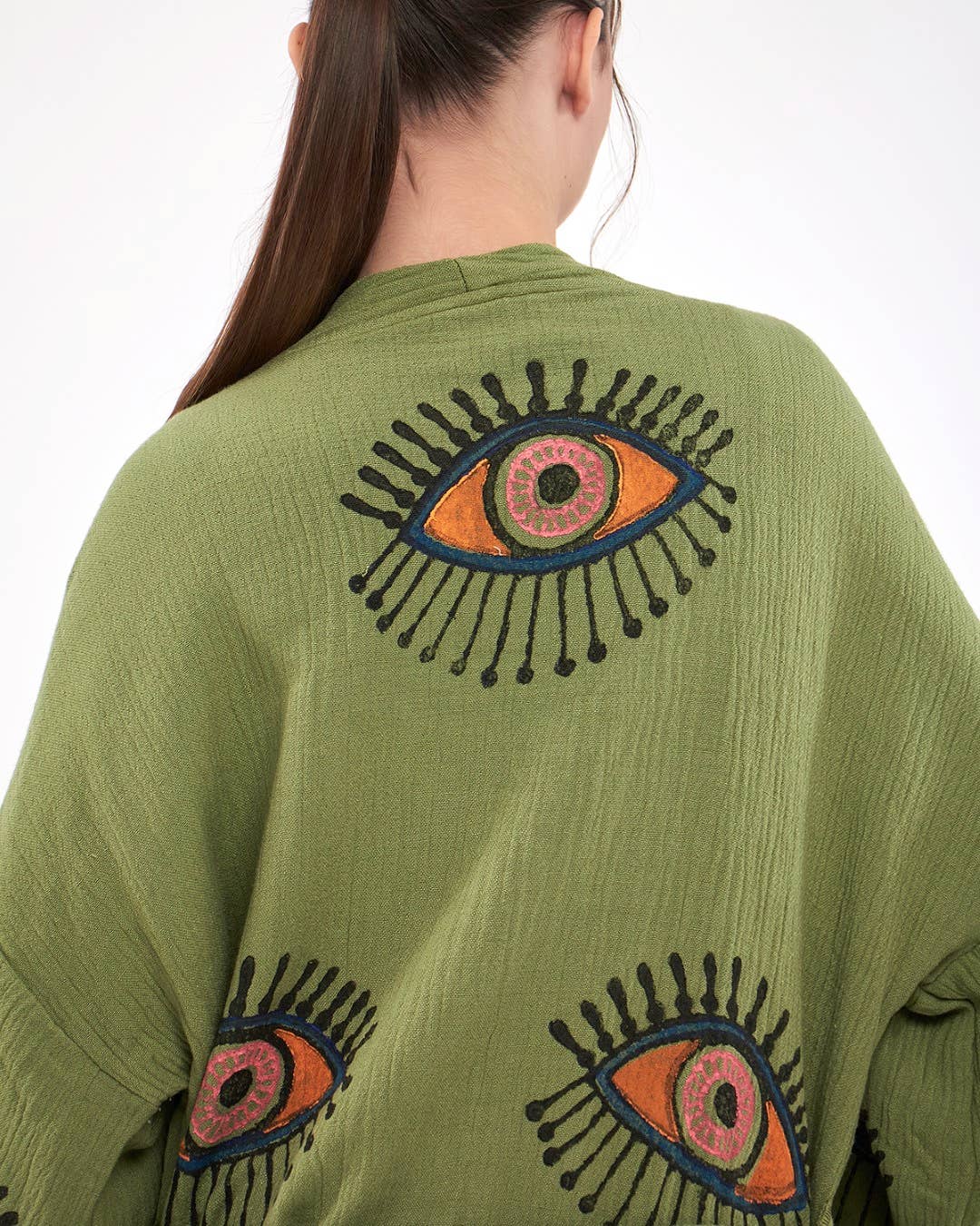 Yaz Concepts - Wholesale Kimono - Women's - Turkish Evil Eye Print Olive Green Robe Festival Kimono Gown1