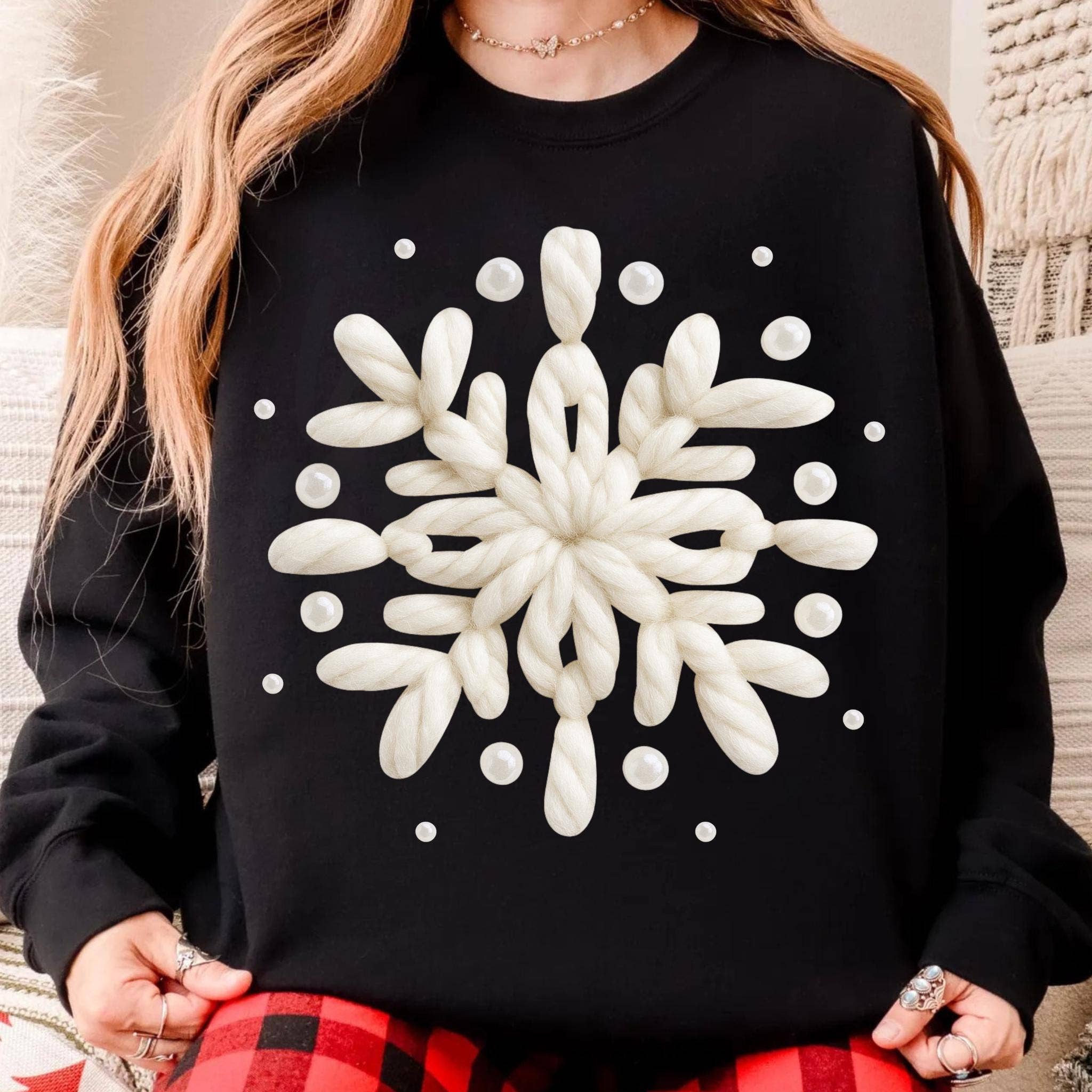 NVC Ecommerce LLC – T-shirt gráfica - Mulher por atacado – Camisola de Floco de Neve de Croché com Fio Falso, Camisola de Natal Fofa0