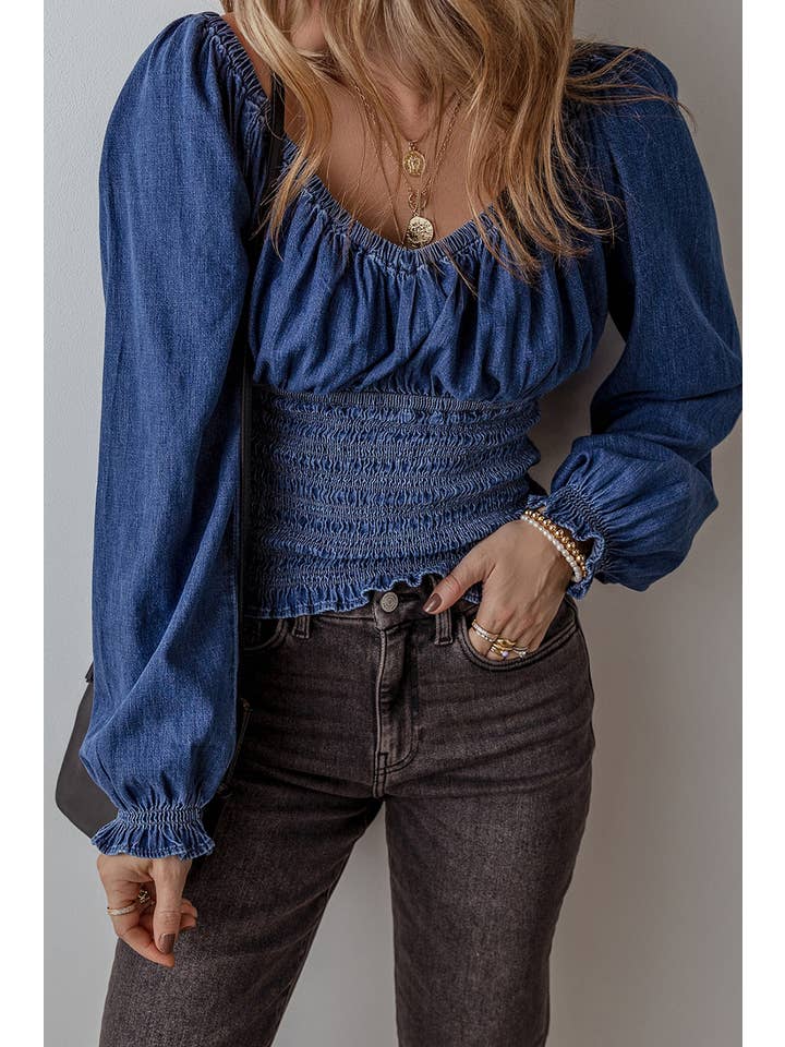 dunkelblau Jeansbluse mit gesmokten Puffärmeln für den Großhandel auf Faire