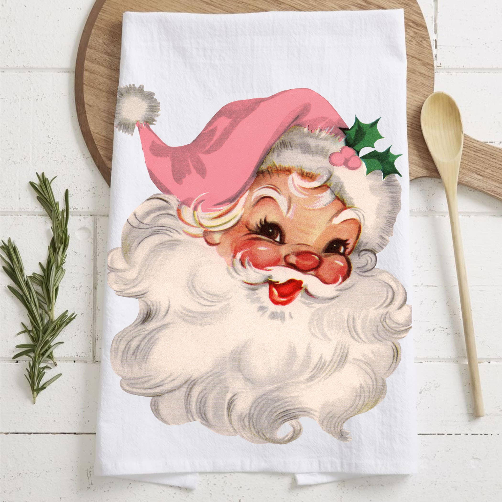 Gia Roma - Wholesale Tea Towel - Vintage Santa Holiday Kitchen Towel & Decor | Pink Christmas3