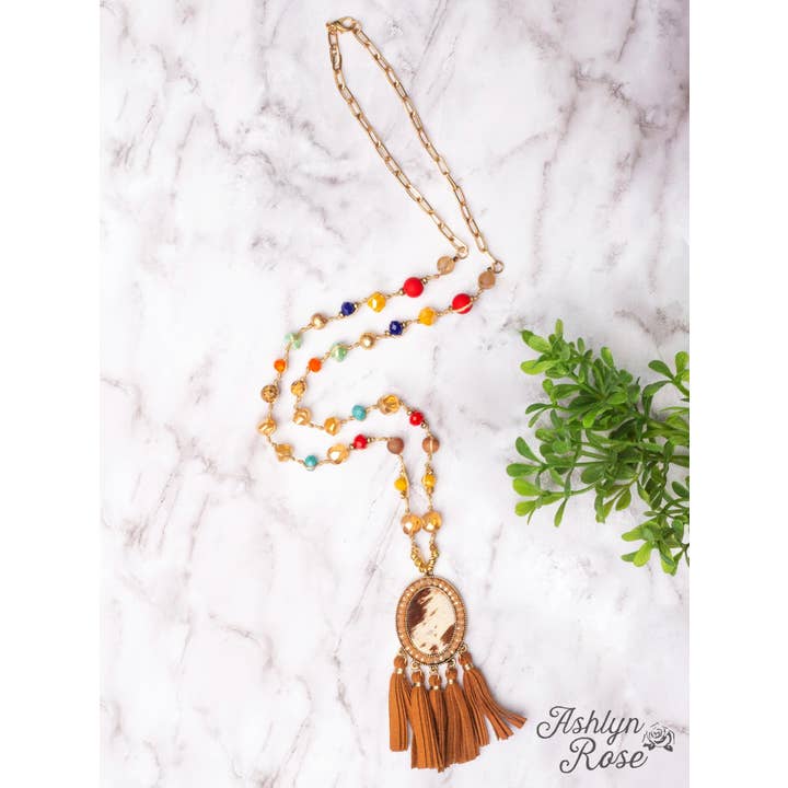Multi TEXAS CHICA LIGHT COWHIDE OVAL PENDANT ON A MIXED BEAD NECKLACE for wholesale on Faire