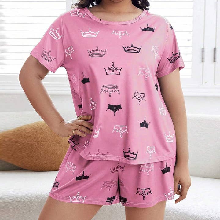 Basis Fancy - Wholesale Sleepwear Set - Women's - Women Fashion Casual Plus Size Printed T-Shirt Loose Shorts Pajamas Two-Piece Set6