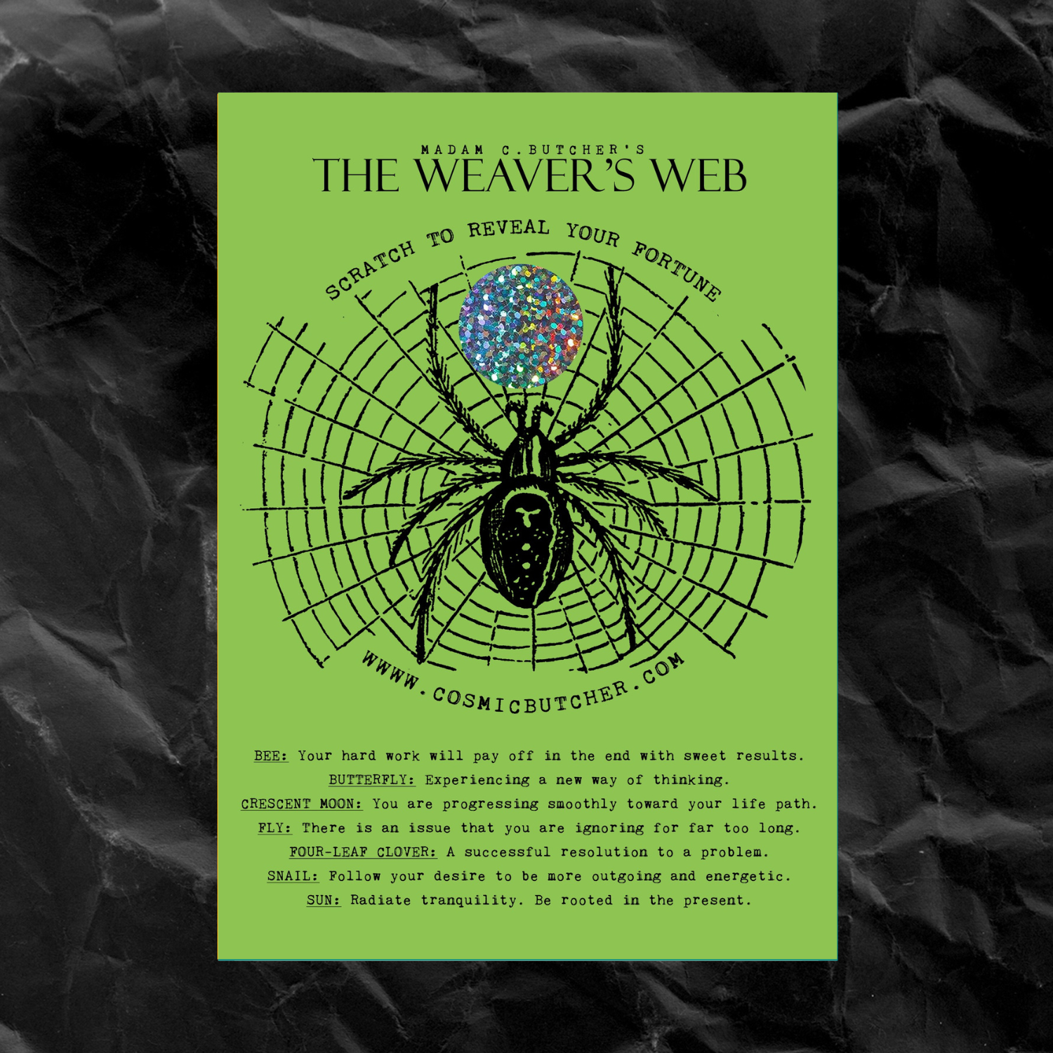 Cosmic Butcher - Wholesale Everyday Greeting Card - “WEAVER'S WEB” Scratch Off Fortune Affirmation Spider Card4