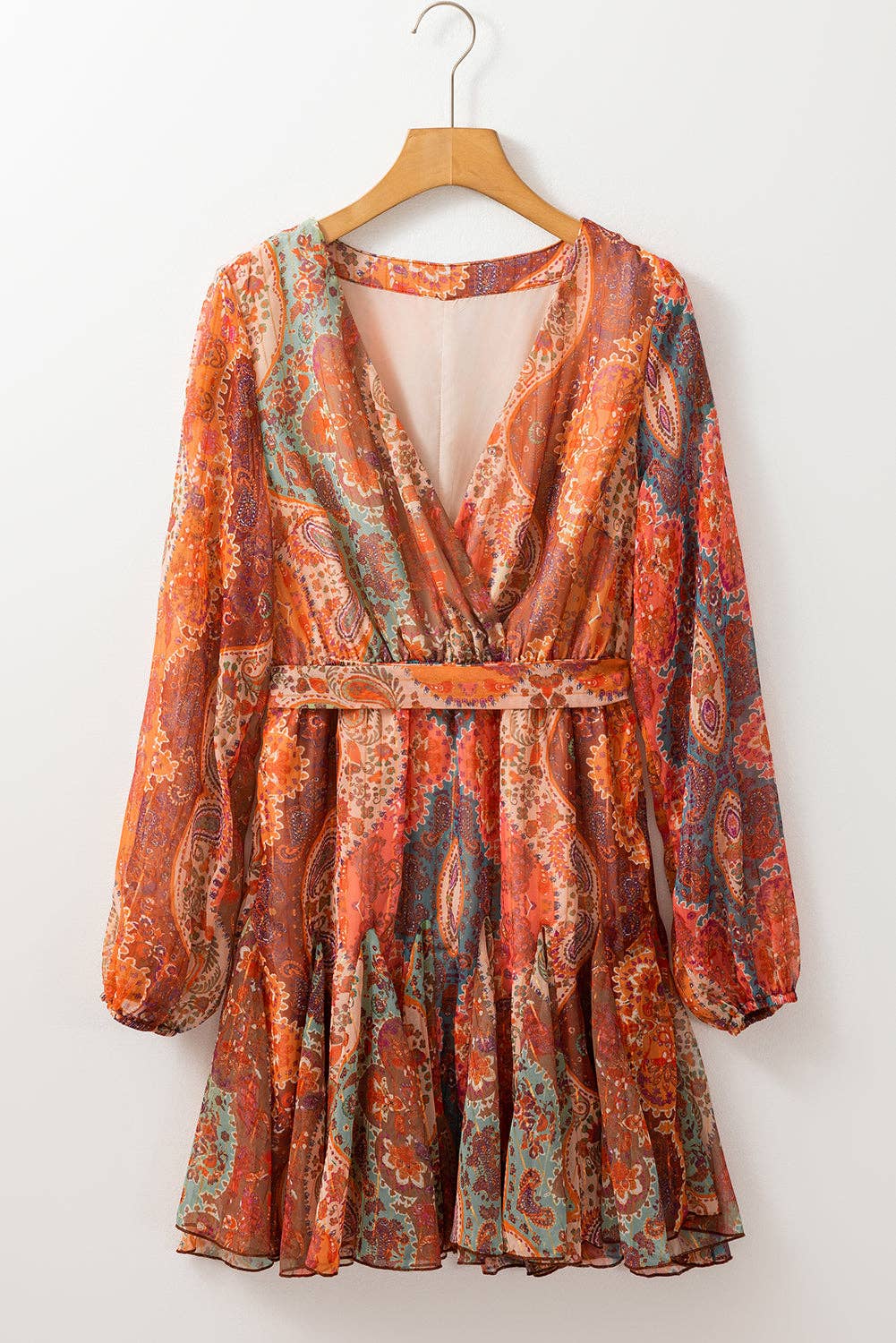 Orange Boho Paisley Print Long Sleeve Pleated Belted Mini Dress for wholesale on Faire6