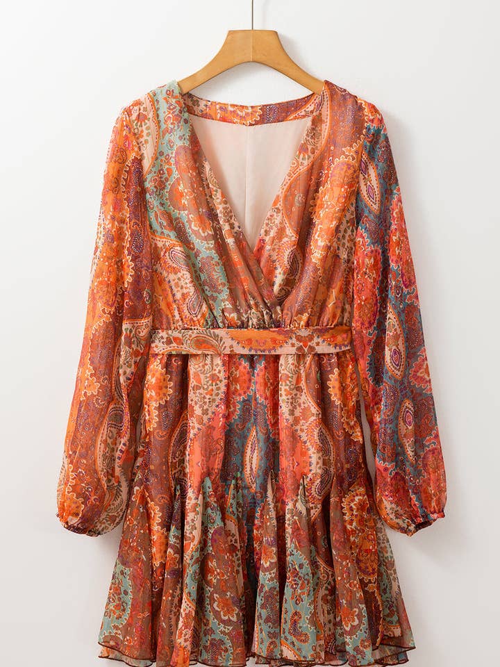 Orange Boho Paisley Print Long Sleeve Pleated Belted Mini Dress for wholesale on Faire6