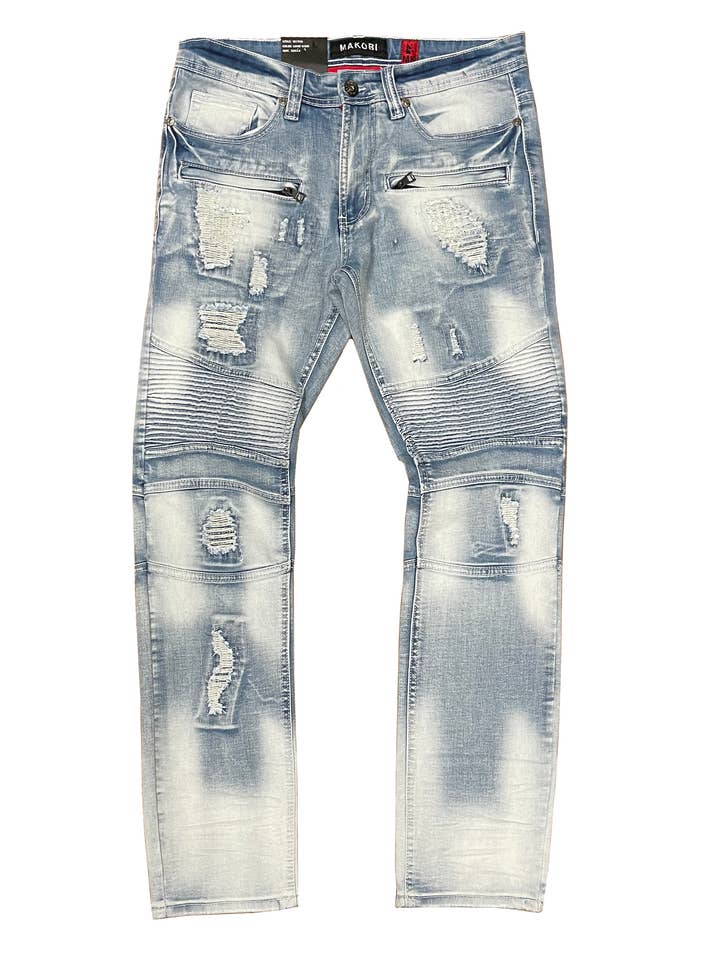 M1786 Makobi Rip & Repair Biker Jeans-Light Wash voor wholesale door Makobi
