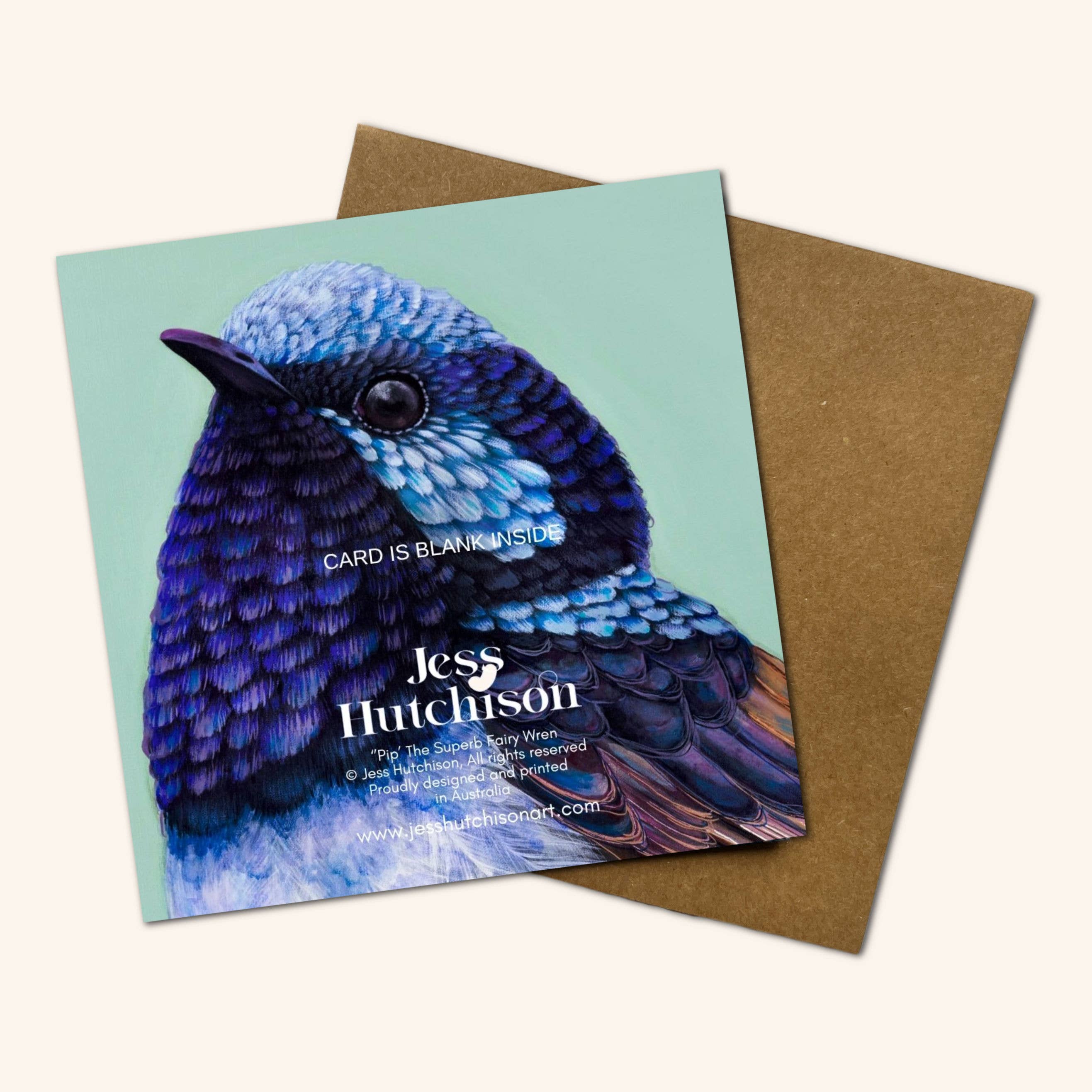 Jess Hutchison Art - Wholesale Everyday greeting card - New design - Pip the Superb Fairy Wren Greeting Card 1