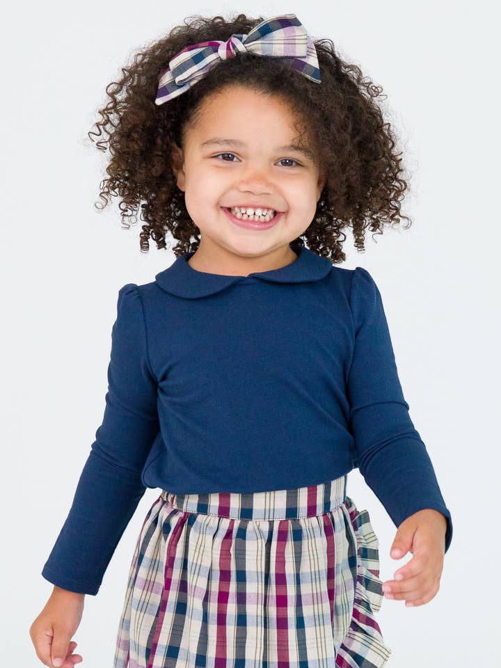 Girls Dark Navy Peter Pan Collar Long Sleeve Top for wholesale on Faire
