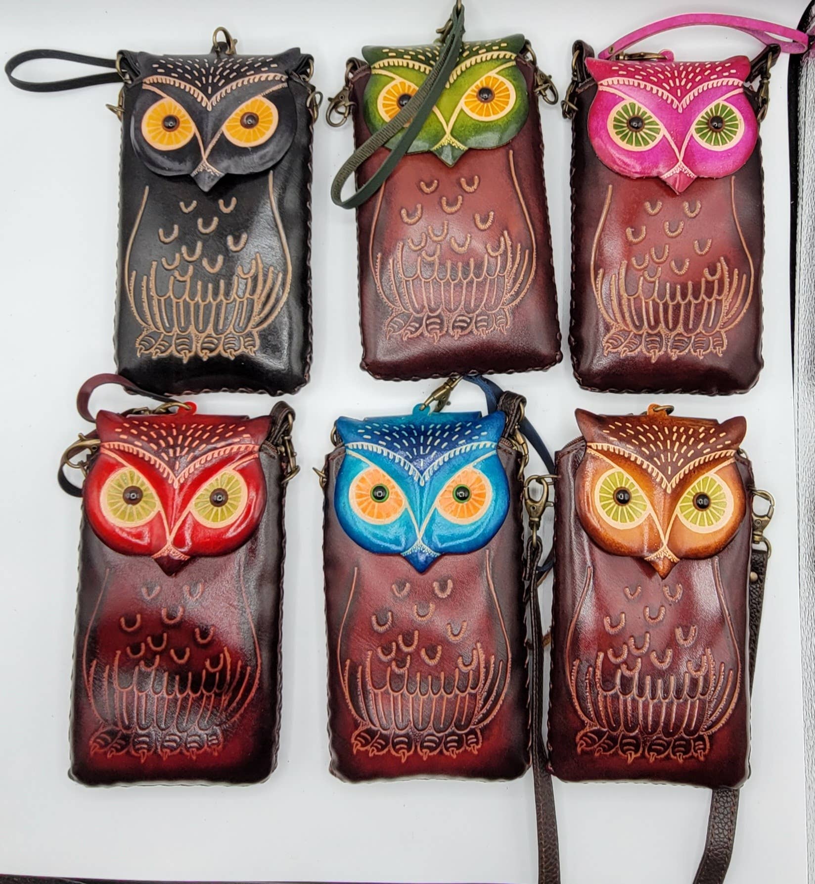 Sunflower Handmade leather inc – Bolsa de telefone - Mulher por atacado – Capa de telemóvel em couro artesanal de coruja5