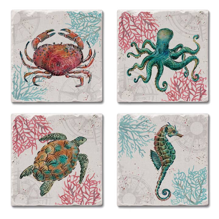 "Ocean Finds" 4pk Assorted Tumbled Tile Coasters for wholesale by Conimar Promotions