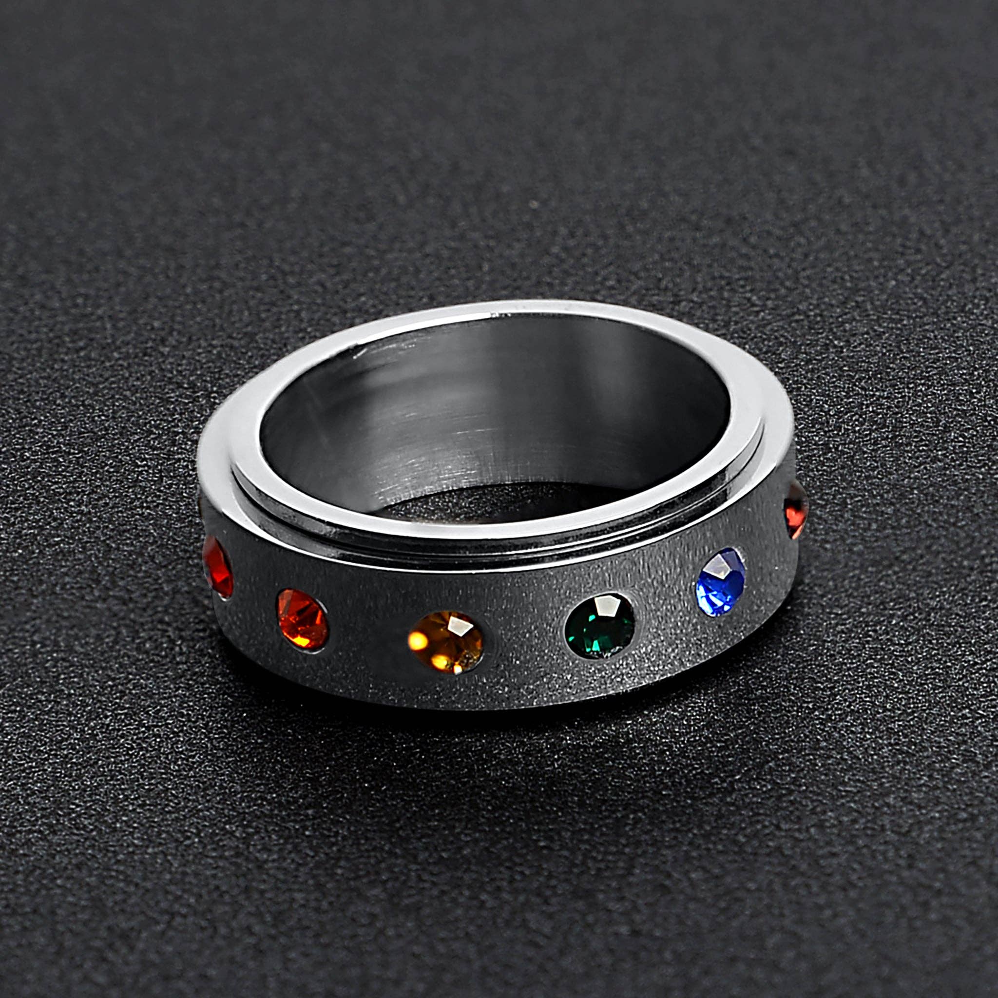 WJW - Wholesale Multi-Stone Ring - Rainbow CZ Spinner Center Highly Polished Stainless Steel Ring2
