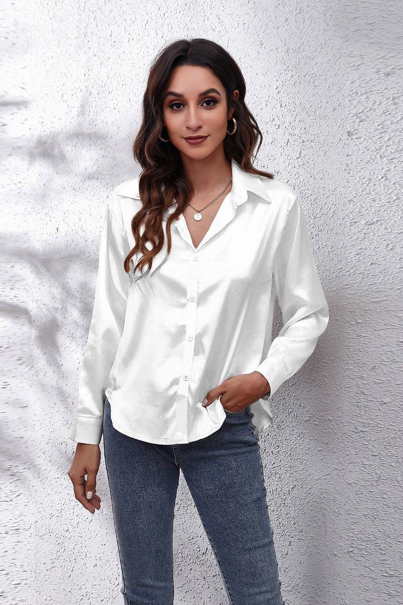 NINEXIS - Wholesale Button Down Shirt - Women's - CWTBLL0691_Button Down Silky Satin Long Sleeve Top2