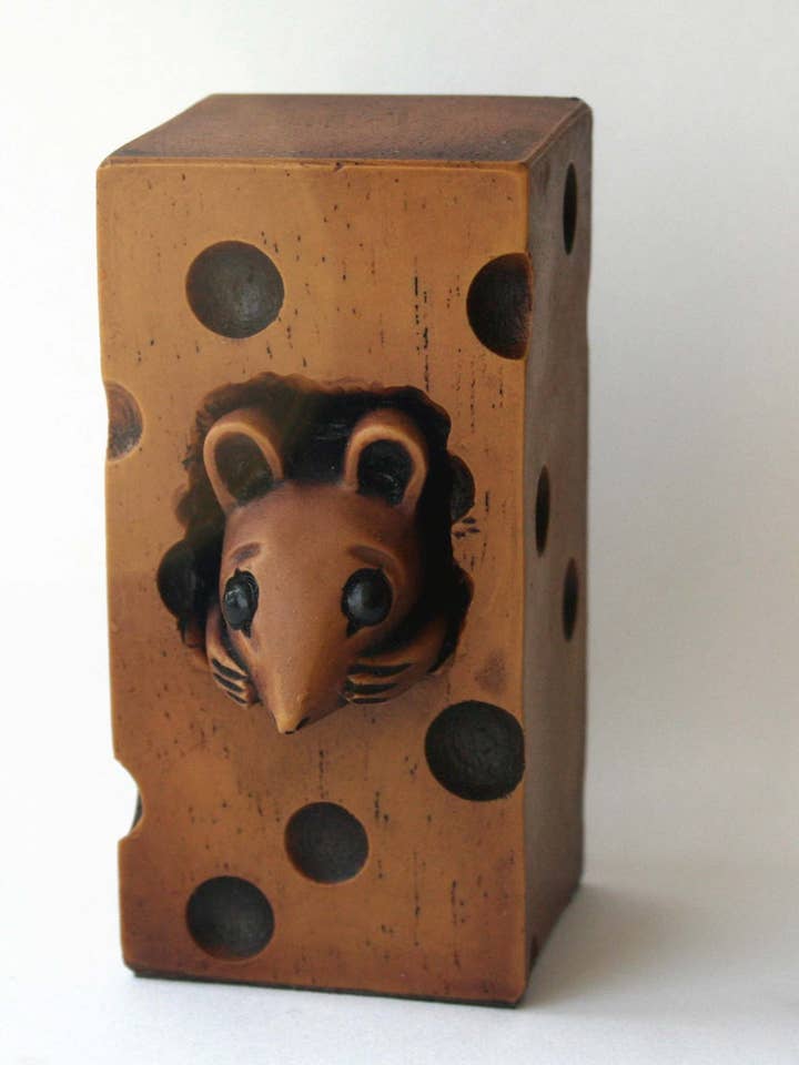 Church Mouse Hiding In Cheese Reproduction Carving Ornament. for wholesale by Oakapple Designs Ltd