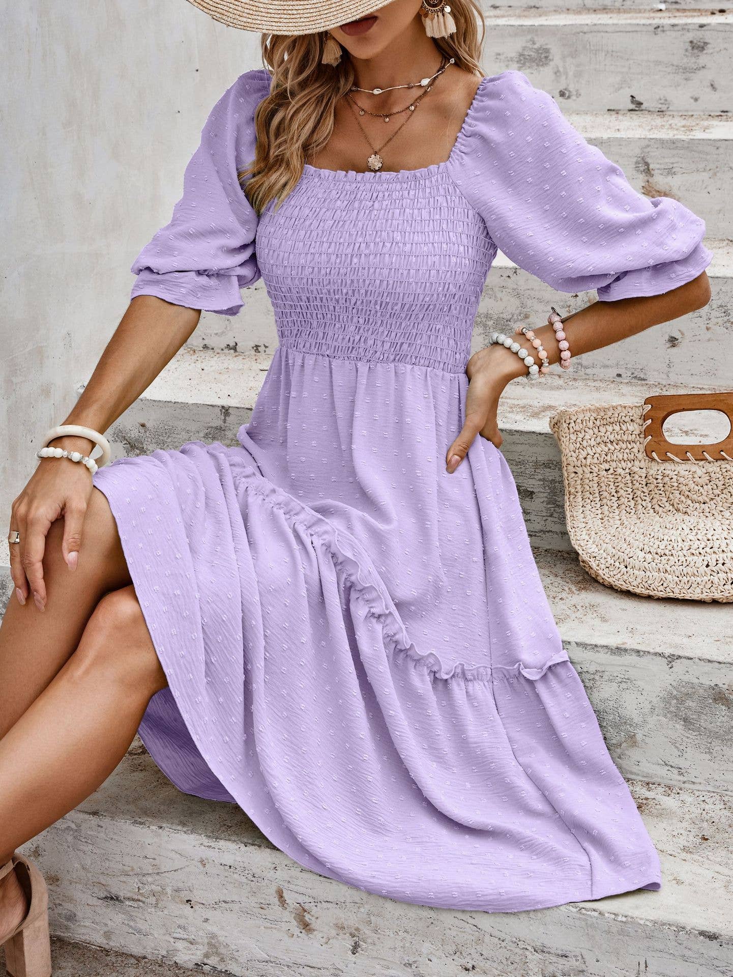 eLook – Großhandel Kleid – Damen – SZ1-DR6227 Swiss Dots Gemustertes Midikleid mit halben Ärmeln15