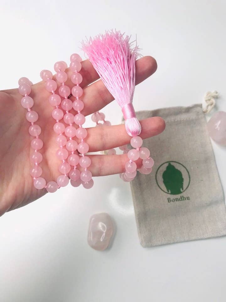 Pink Rose Quartz Stone "Love" Mantra Mala Bead Meditation for wholesale by Bondhu Jewelry