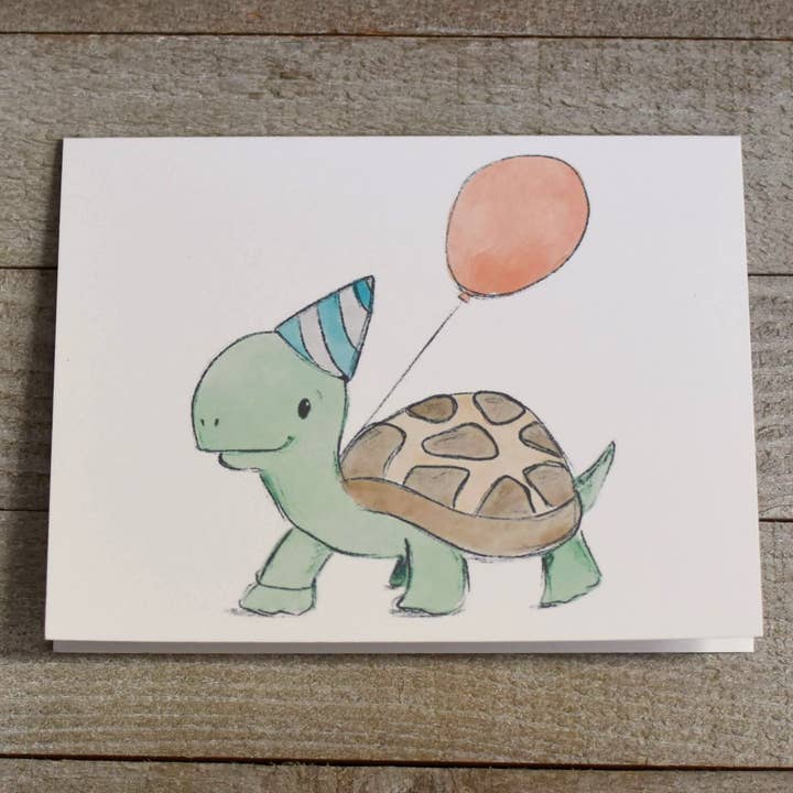 Birthday Card - Turtle with a red balloon for wholesale by Ink Delights
