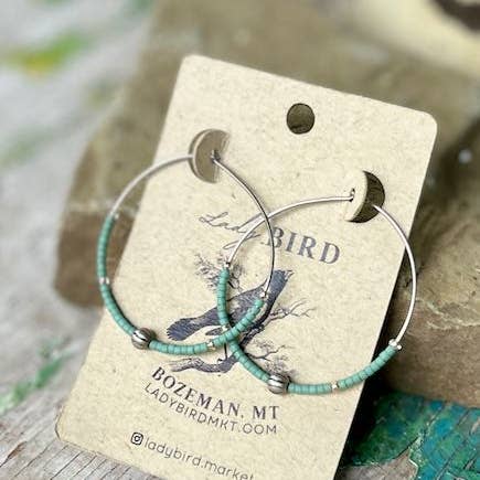 Lady Bird Market - Wholesale Hoop Earrings - Sage Green & Silver Globe Beaded Hoop Earrings