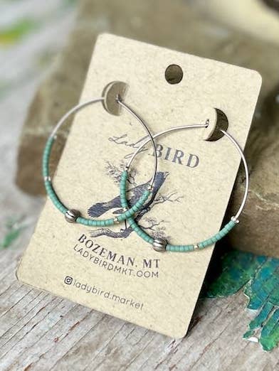 Sage Green & Silver Globe Beaded Hoop Earrings for wholesale by Lady Bird Market