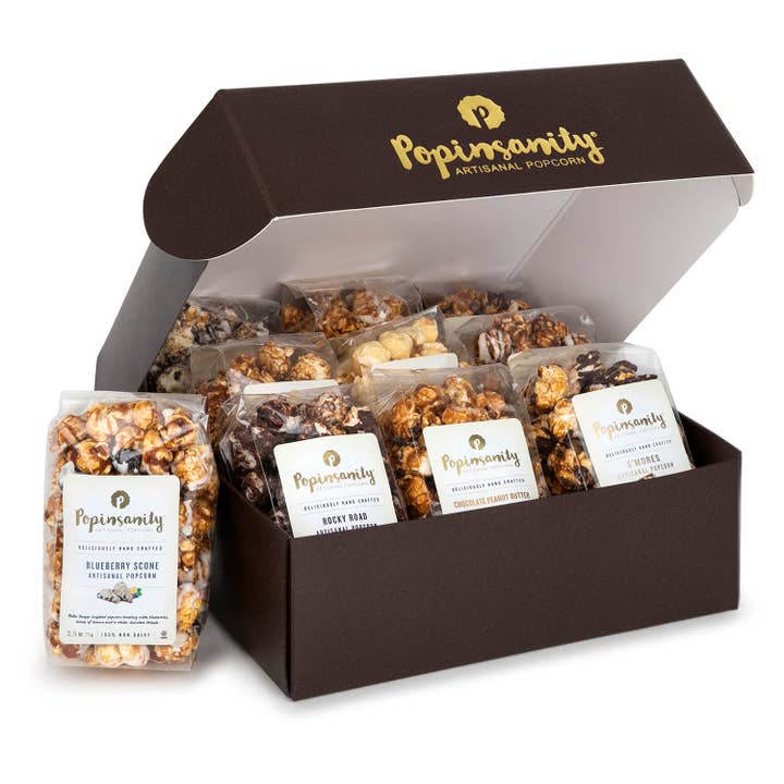 Popinsanity Popcorn & Confections – wholesale Popcorn – Gourmet Popcorn Sampler Gift Box | 10 Flavor Variety Taster