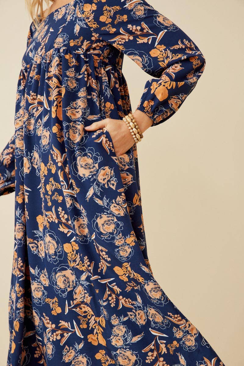 Navy Womens Romantic Floral Square Neck Midi Dress for wholesale on Faire2