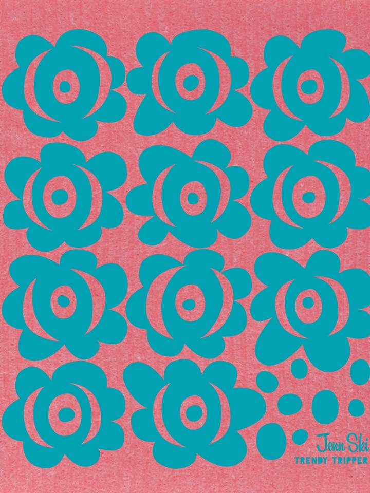 Jenn Ski Swedish Dishcloth - BLOMMOR Flowers Turq/Dk Pink for wholesale by Trendy Tripper