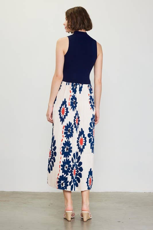 Ivory Navy Sleeveless Knit & Print Midi Dress for wholesale on Faire5