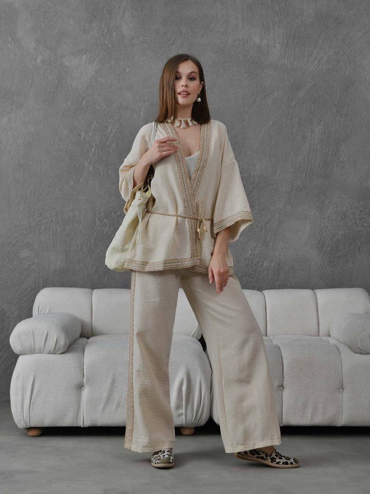 Design company-Fatma Balkir – Engroshandel Top- og buksesæt (IKKE Loungewear) - Dame – Sæt med 2 linned sæt til kvinder - Kimono jakke og bukser i linned