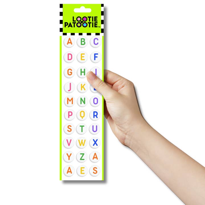 Farvede bogstavperler klistermærkestrimmel for engroshandel hos LP Studios/Lootie Patootie