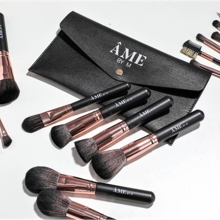24 Piece Rose Gold Black Professional Vegan Synthetic Makeup Brush Set with Black Travel Clutch Makeup Bag for wholesale by ÂME BY M